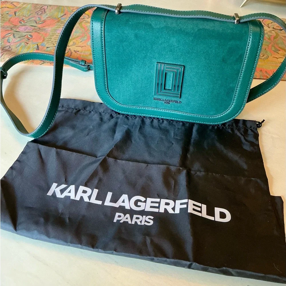 Karl Lagerfeld Paris Simone Crossbody Bag in Green Jewel Leather and Suede - Picture 3 of 14